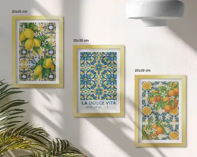 Set van ingelijste schilderijen met citroenbloesem en sinaasappels in Italiaanse stijl