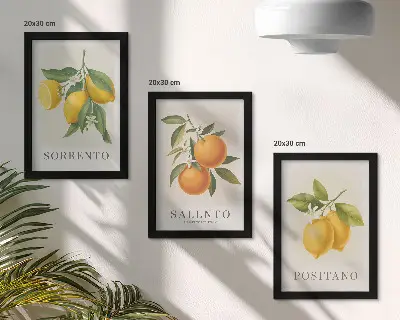 Set ingelijste schilderijen met citroenen en sinaasappels aan de Amalfikust
