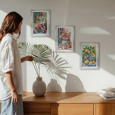 Gallery wall met geschilderde bloemen en fruit in vazen