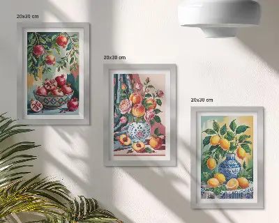 Gallery wall met geschilderde bloemen en fruit in vazen