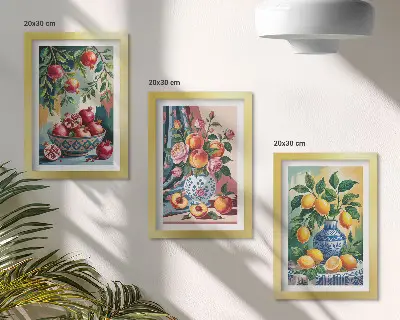 Gallery wall met geschilderde bloemen en fruit in vazen