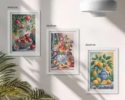 Gallery wall met geschilderde bloemen en fruit in vazen