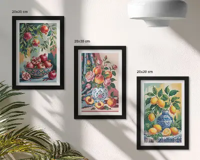 Gallery wall met geschilderde bloemen en fruit in vazen