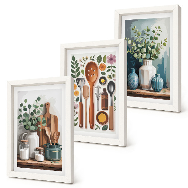 Set van ingelijste schilderijen Keukenaccessoires met planten in een moderne stijl