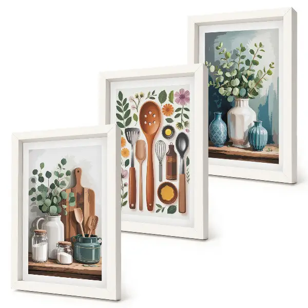 Set ingelijste schilderijen met keukenaccessoires en planten in moderne stijl