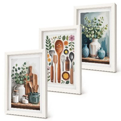 Set van ingelijste schilderijen Keukenaccessoires met planten in een moderne stijl