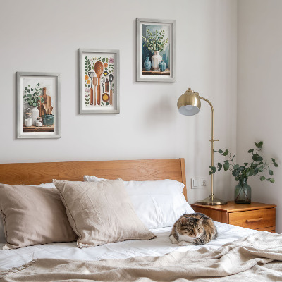 Set van ingelijste schilderijen Keukenaccessoires met planten in een moderne stijl