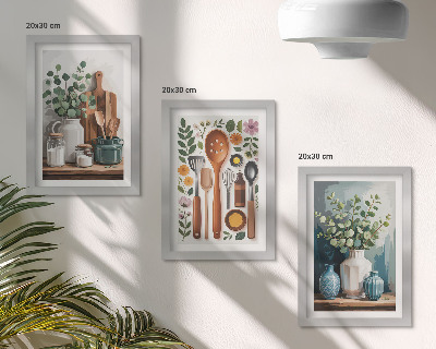 Set van ingelijste schilderijen Keukenaccessoires met planten in een moderne stijl