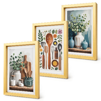 Set van ingelijste schilderijen Keukenaccessoires met planten in een moderne stijl