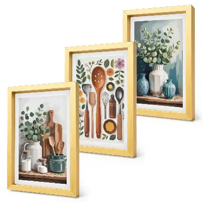 Set ingelijste schilderijen met keukenaccessoires en planten in moderne stijl