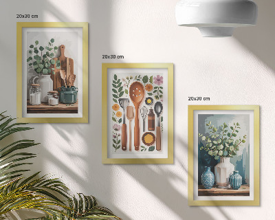 Set van ingelijste schilderijen Keukenaccessoires met planten in een moderne stijl