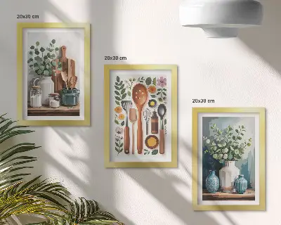 Set ingelijste schilderijen met keukenaccessoires en planten in moderne stijl