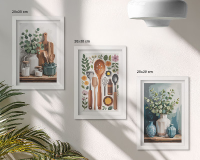 Set van ingelijste schilderijen Keukenaccessoires met planten in een moderne stijl