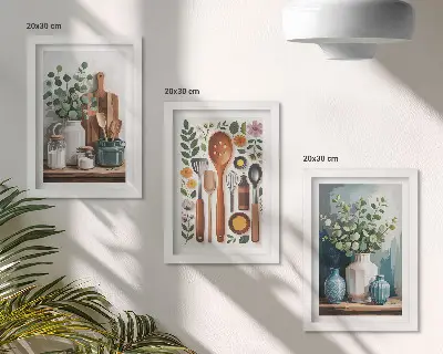 Set ingelijste schilderijen met keukenaccessoires en planten in moderne stijl