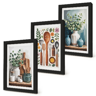 Set van ingelijste schilderijen Keukenaccessoires met planten in een moderne stijl