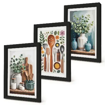 Set ingelijste schilderijen met keukenaccessoires en planten in moderne stijl