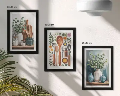 Set ingelijste schilderijen met keukenaccessoires en planten in moderne stijl