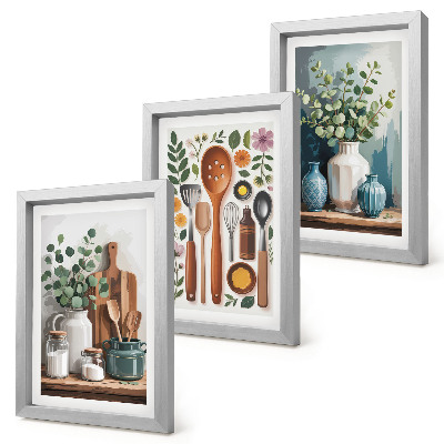 Set van ingelijste schilderijen Keukenaccessoires met planten in een moderne stijl