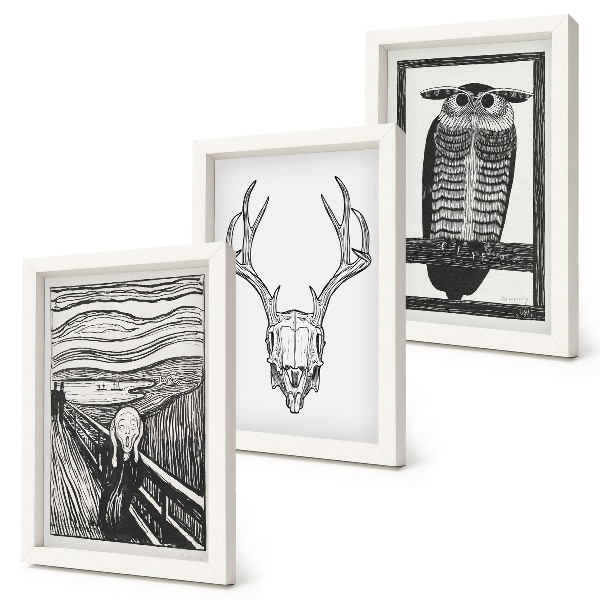 Gallery wall Geïnspireerd door de afbeelding uit Scream met een schedel en een uil in een grafische stijl.