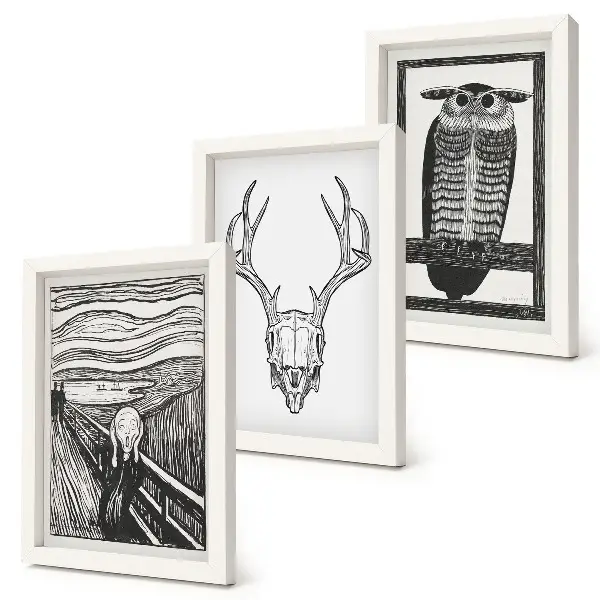 Gallery wall geïnspireerd door Scream met een schedel en een uil in grafische stijl