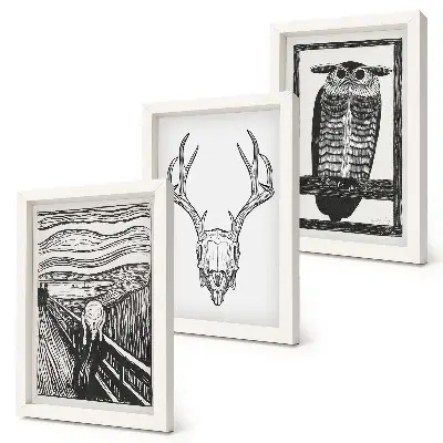 Gallery wall geïnspireerd door Scream met een schedel en een uil in grafische stijl