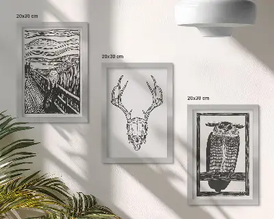 Gallery wall geïnspireerd door Scream met een schedel en een uil in grafische stijl