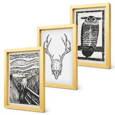 Gallery wall geïnspireerd door Scream met een schedel en een uil in grafische stijl
