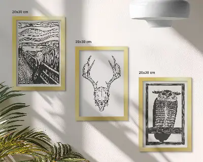 Gallery wall geïnspireerd door Scream met een schedel en een uil in grafische stijl