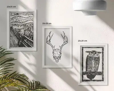 Gallery wall geïnspireerd door Scream met een schedel en een uil in grafische stijl