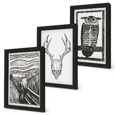 Gallery wall geïnspireerd door Scream met een schedel en een uil in grafische stijl