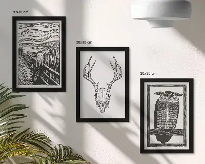 Gallery wall geïnspireerd door Scream met een schedel en een uil in grafische stijl