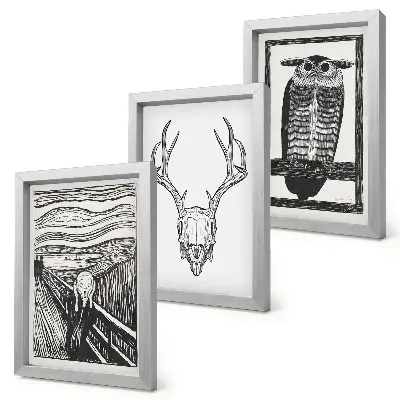 Gallery wall geïnspireerd door Scream met een schedel en een uil in grafische stijl