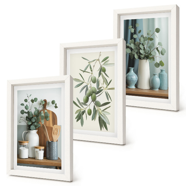 Set van ingelijste schilderijen Esthetisch gezien groene olijven en eucalyptustakken