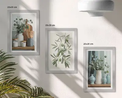 Set van ingelijste schilderijen met esthetische afbeelding van groene olijven en eucalyptustakken