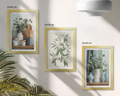 Set van ingelijste schilderijen met esthetische afbeelding van groene olijven en eucalyptustakken