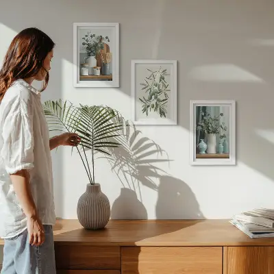 Set van ingelijste schilderijen met esthetische afbeelding van groene olijven en eucalyptustakken