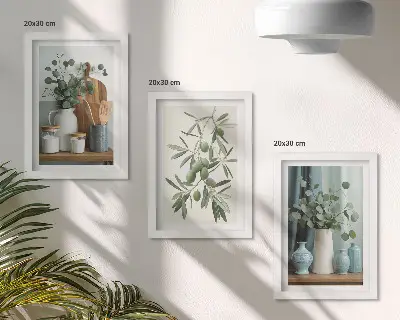 Set van ingelijste schilderijen met esthetische afbeelding van groene olijven en eucalyptustakken