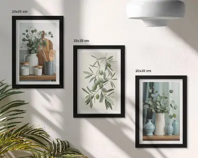 Set van ingelijste schilderijen met esthetische afbeelding van groene olijven en eucalyptustakken