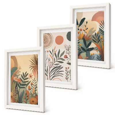 Gallery wall Plantmotieven in gedempte kleuren met cirkels.