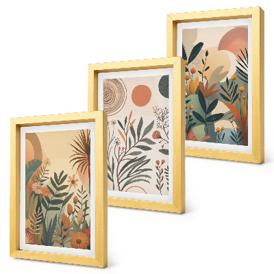 Gallery wall Plantmotieven in gedempte kleuren met cirkels.