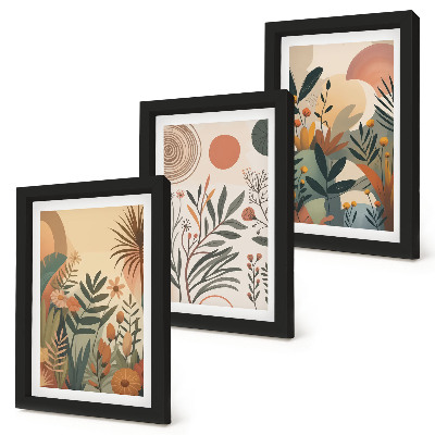 Gallery wall Plantmotieven in gedempte kleuren met cirkels.