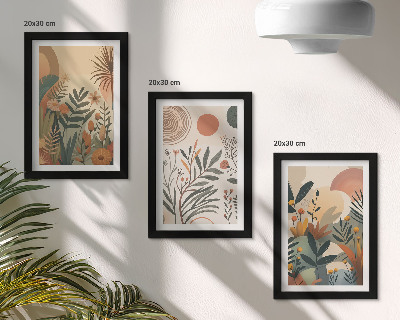 Gallery wall Plantmotieven in gedempte kleuren met cirkels.