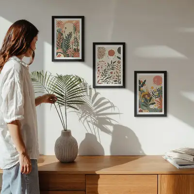 Set ingelijste schilderijen met vintage plantenpatronen in pasteltinten