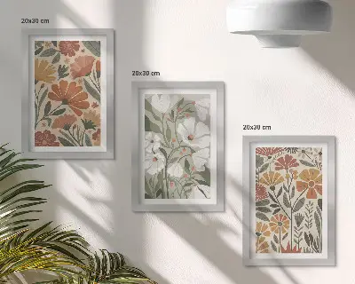 Set ingelijste schilderijen met bloemmotieven in oranje en groene tinten