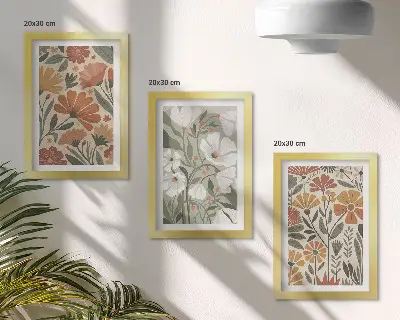 Set ingelijste schilderijen met bloemmotieven in oranje en groene tinten