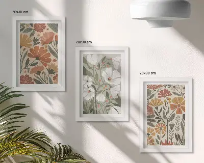 Set ingelijste schilderijen met bloemmotieven in oranje en groene tinten