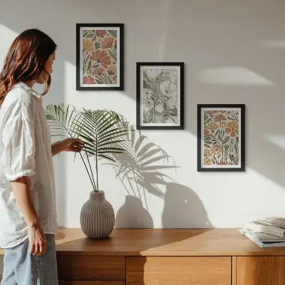 Set ingelijste schilderijen met bloemmotieven in oranje en groene tinten