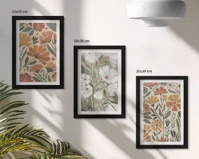Set ingelijste schilderijen met bloemmotieven in oranje en groene tinten