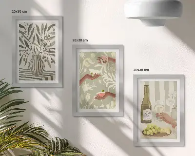 Wanddecoratie gallery wall met olijfbloesems en rustieke cocktails