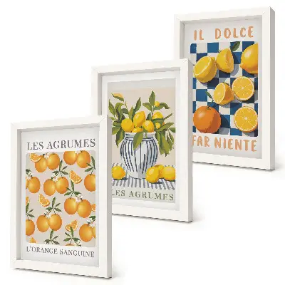Set van ingelijste schilderijen met retro citrusvruchten en gele accenten